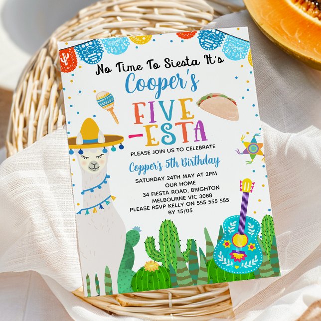 Convites Azul Llama Taco Fiesta Cinco-Esta 5 Birthday (Boys Mexican Five-esta Fiesta 5th Birthday Invitation, Fiesta 5th Birthday Invitation For Boy, llama)