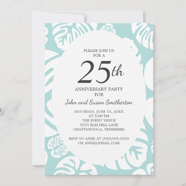 Convites Azul Macio Folhas Tropicais Brancas 25º Aniversári (Frente)