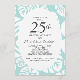 Convites Azul Macio Folhas Tropicais Brancas 25º Aniversári