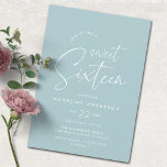 Convites Azul macio | Simples Festa de aniversário Moderna<br><div class="desc">16 convites de festas de aniversários bonitos e simples com texto "16 doces" em letra de script manuscrita. Cor azul clara.</div>