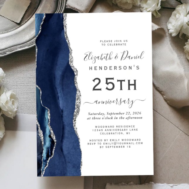 Convites Azul Marinho Ágata Prata 25º Aniversário (Criador carregado)