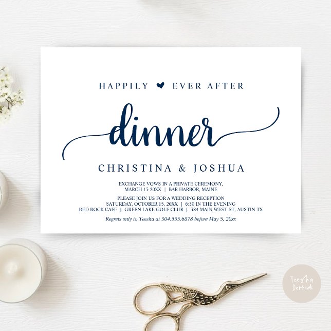 Convites Azul Marinho, Casamento às Escuras, Jantar Felizes (Happily Ever After Dinner Invitation Card, Modern Elopement Rustic Script, PDF, Navy Blue)