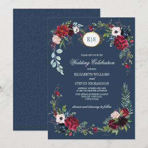 Convites Azul marinho  Casamento Burgundy Bloom Watercolor