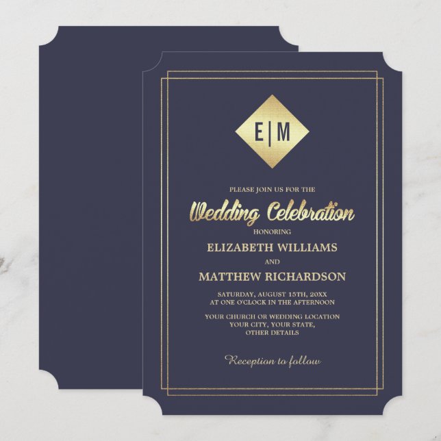 Convites Azul Marinho | Casamento Elegante Dourado (Frente/Verso)