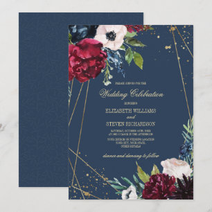 Convites Azul marinho Casamento Geométrico Borgonha