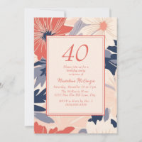 Azul Marinho Coral Creme Floral Aniversário de 40