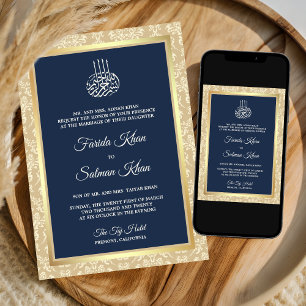 Convites Azul Marinho Creme Damasco Casamento Islâmico Muçu