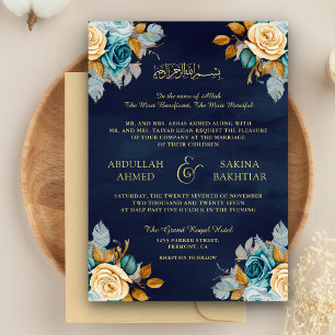 Convites Azul Marinho Creme Floral Código QR Dourado Casame