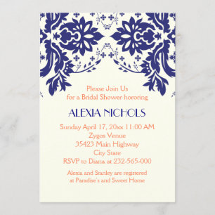 Convites Azul marinho Damask, chá de panela de casamento d