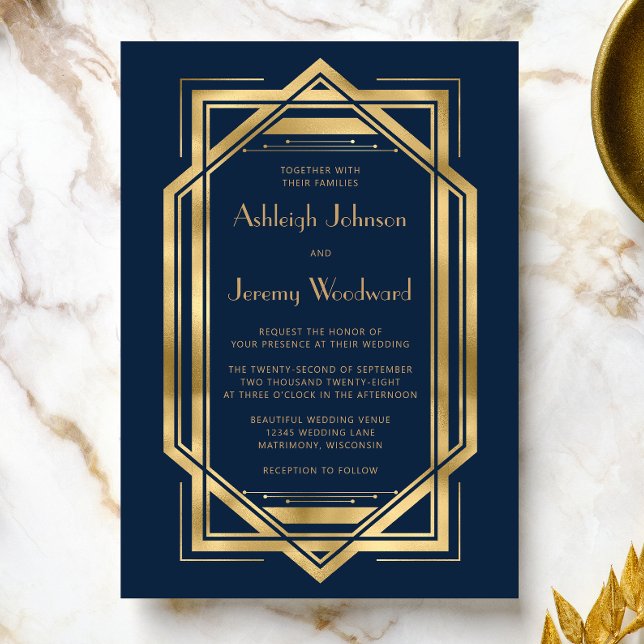 Convites Azul Marinho Dourado Antigo Quadro Deco Casamento  (An ideal choice for a 1920s vintage themed wedding with a navy blue and gold color palette.)