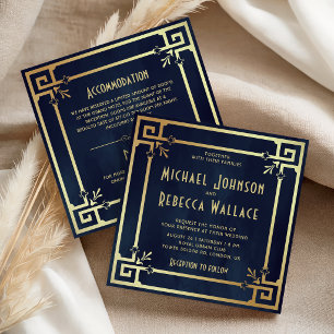 Convites Azul Marinho Dourado Art Deco Casamento Tudo em Um