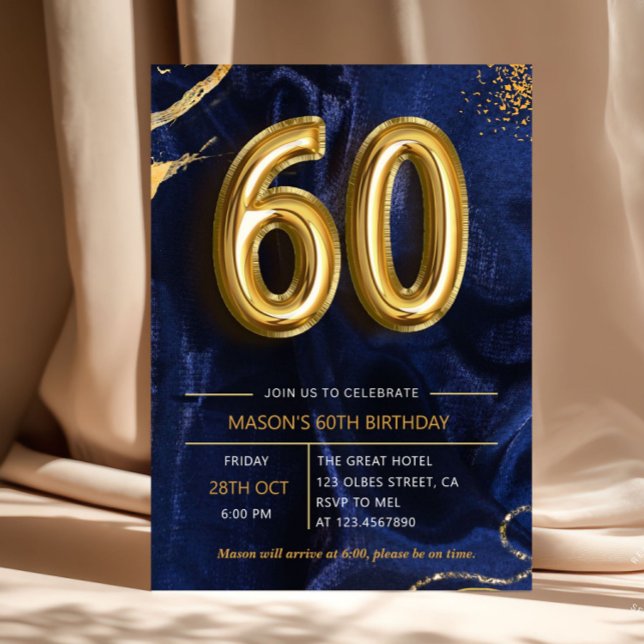 Convites Azul Marinho Dourado Brilhante 60º Aniversário (Navy blue and gold glitters surprise 60th birthday party invitation. Elegant modern design featuring)