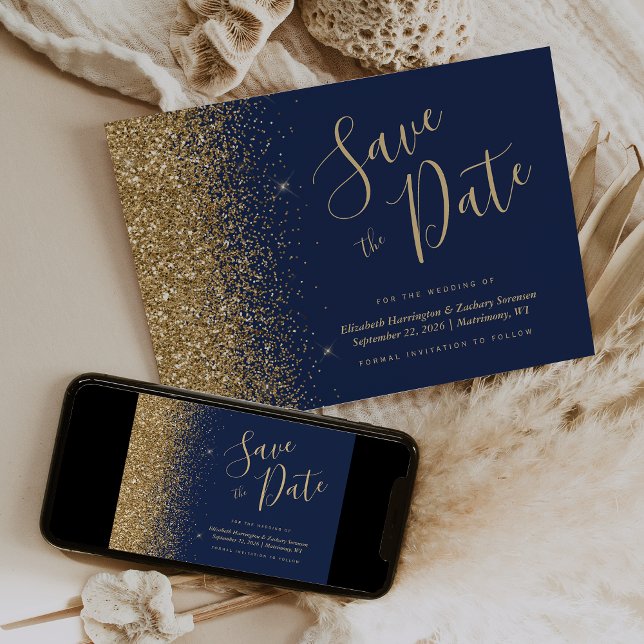 Convites Azul Marinho Dourado Brilho Letra Save the Date (Criador carregado)