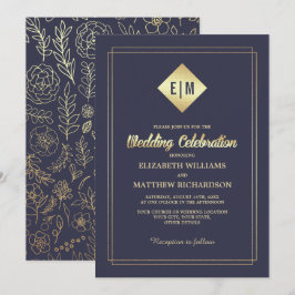 Convites Azul marinho | Dourado Casamento de Padrão Floral
