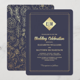 Convites Azul marinho | Dourado Casamento de Padrão Floral