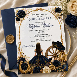 Convites Azul Marinho Dourado Cavalo Floral Charra Quinceañ