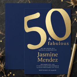 Convites Azul Marinho Dourado Elegante 50 & Fabuloso Aniver