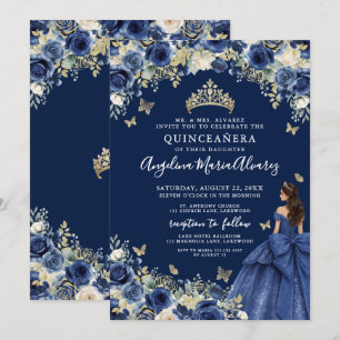 Convites Azul Marinho Dourado Floral Quinceanera