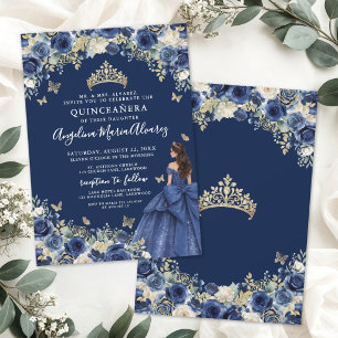 Convites Azul Marinho Dourado Floral Quinceanera