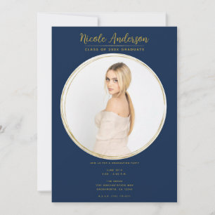 Convites Azul Marinho Dourado Moderno Foto Redonda Festa de