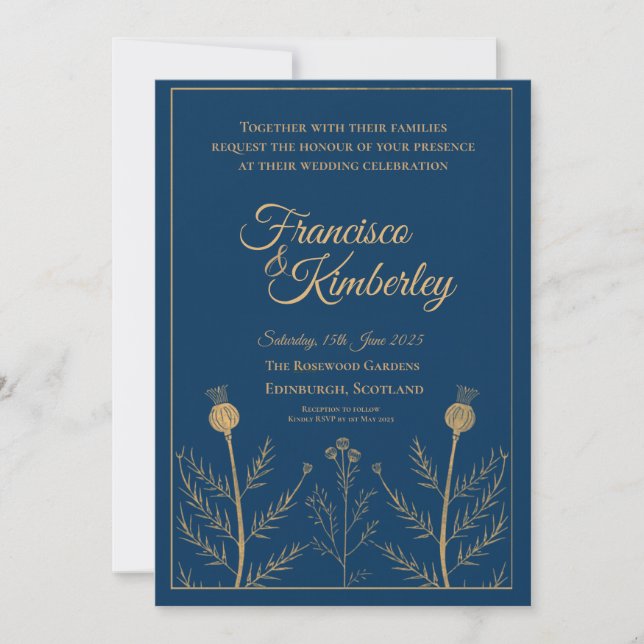 Convites Azul Marinho Dourado Thistle Botânico Casamento Pe (Frente)