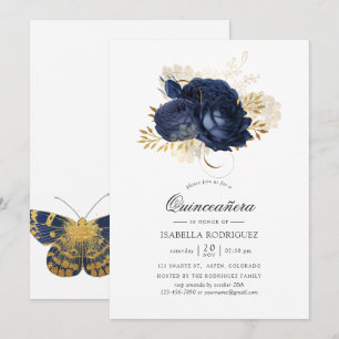 Convites Azul Marinho & Dourado Vintage Rosas Desbotadas Qu
