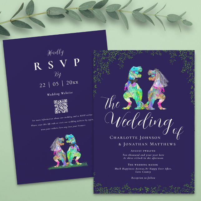 Convites Azul Marinho e Branco Código QR de Casamento de Di (Navy blue colorful T-Rex bride and groom dinosaur wedding qr code invitation Elegant script )
