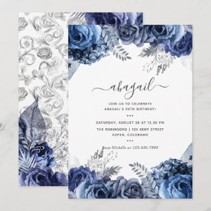 Convites Azul Marinho e Branco com Aniversário Floral em Fo