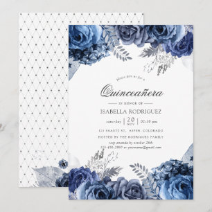 Convites Azul Marinho e Branco com Quinceañera Floral em Fo