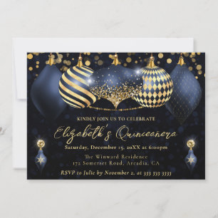Convites Azul Marinho e Dourado Bola de Natal Quinceanera
