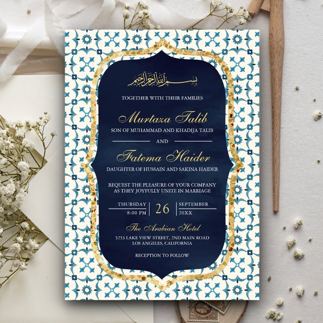 Convites Azul Marinho e Dourado Casamento Islâmico com Azul (Criador carregado)