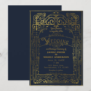 Convites Azul Marinho e Dourado Casamento Vintage Estilo Vi