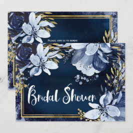 Convites Azul Marinho e Dourado Elegante Floral Hidrográfic