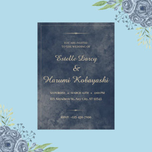 Convites Azul Marinho e Dourado Elegante, Fundo em Aquarela