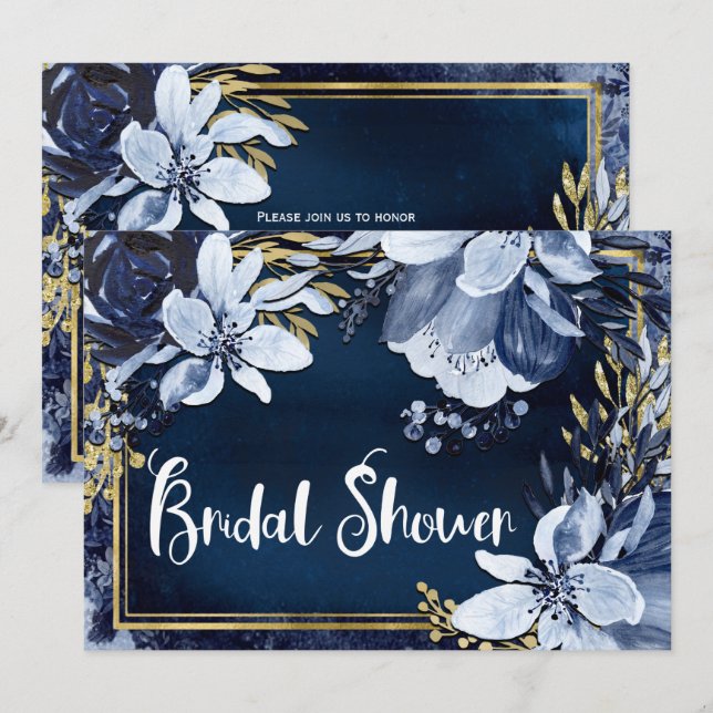Convites Azul Marinho e Dourado Floral Aquarelado Moderno e (Frente/Verso)