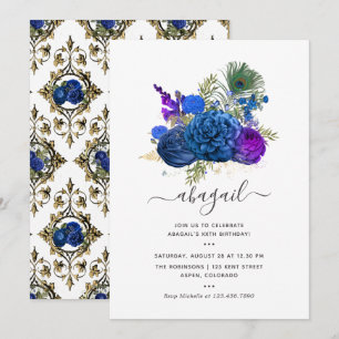 Convites Azul Marinho e Dourado Peacock Floral de Aniversár