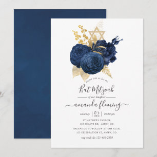 Convites Azul Marinho e Dourado Rosa Vintage Bat Mitzvah