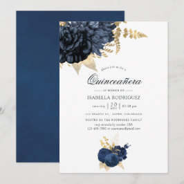 Convites Azul Marinho e Dourado Rosa Vintage Quinceañera