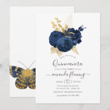 Azul Marinho e Dourado Rosa Vintage Quinceañera