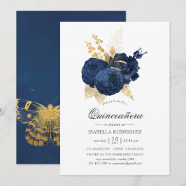 Convites Azul Marinho e Dourado Rosa Vintage Quinceañera