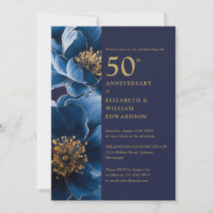 Convites Azul Marinho E Floral Dourado 50º Aniversário
