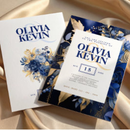 Convites Azul Marinho e Floral Dourado Aquarela Casamento E