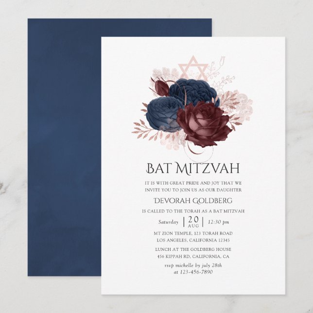 Convites Azul Marinho e Floral Marrom Bat Mitzvah (Frente/Verso)