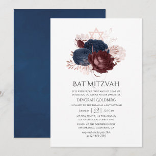 Convites Azul Marinho e Floral Marrom Bat Mitzvah