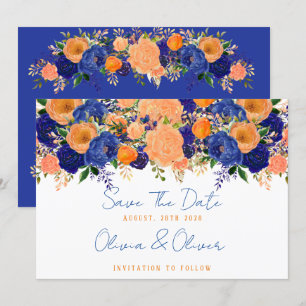 Convites Azul marinho e Laranja Floral Salvar a Data