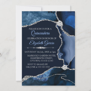 Convites Azul Marinho e Prata Brilhante Ágata Quinceanera