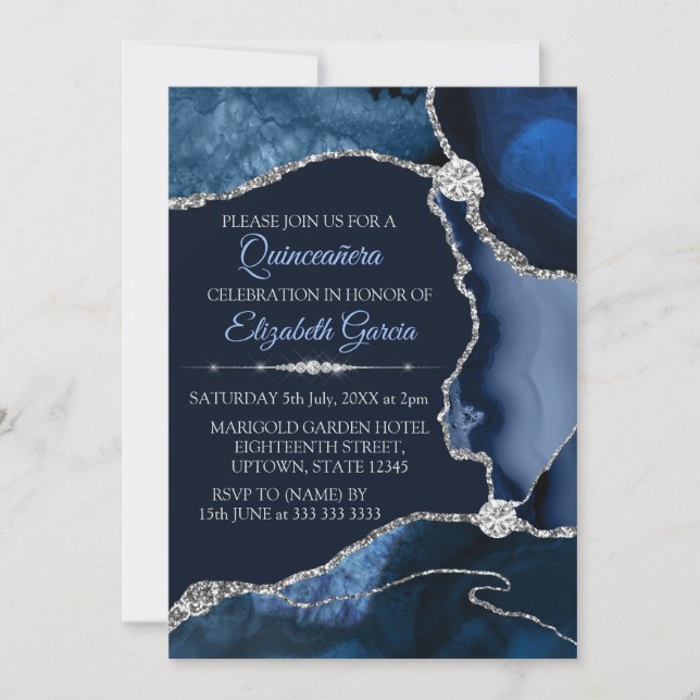 Convites Azul Marinho e Prata Brilhante Ágata Quinceanera (Frente)