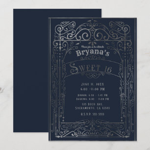 Convites Azul Marinho e Prata Decoração Vintage Vitoriana F