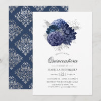 Azul Marinho e Prata Rosa Vintage Quinceañera