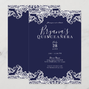 Convites Azul Marinho e Renda Branca Elegante Quinceañera